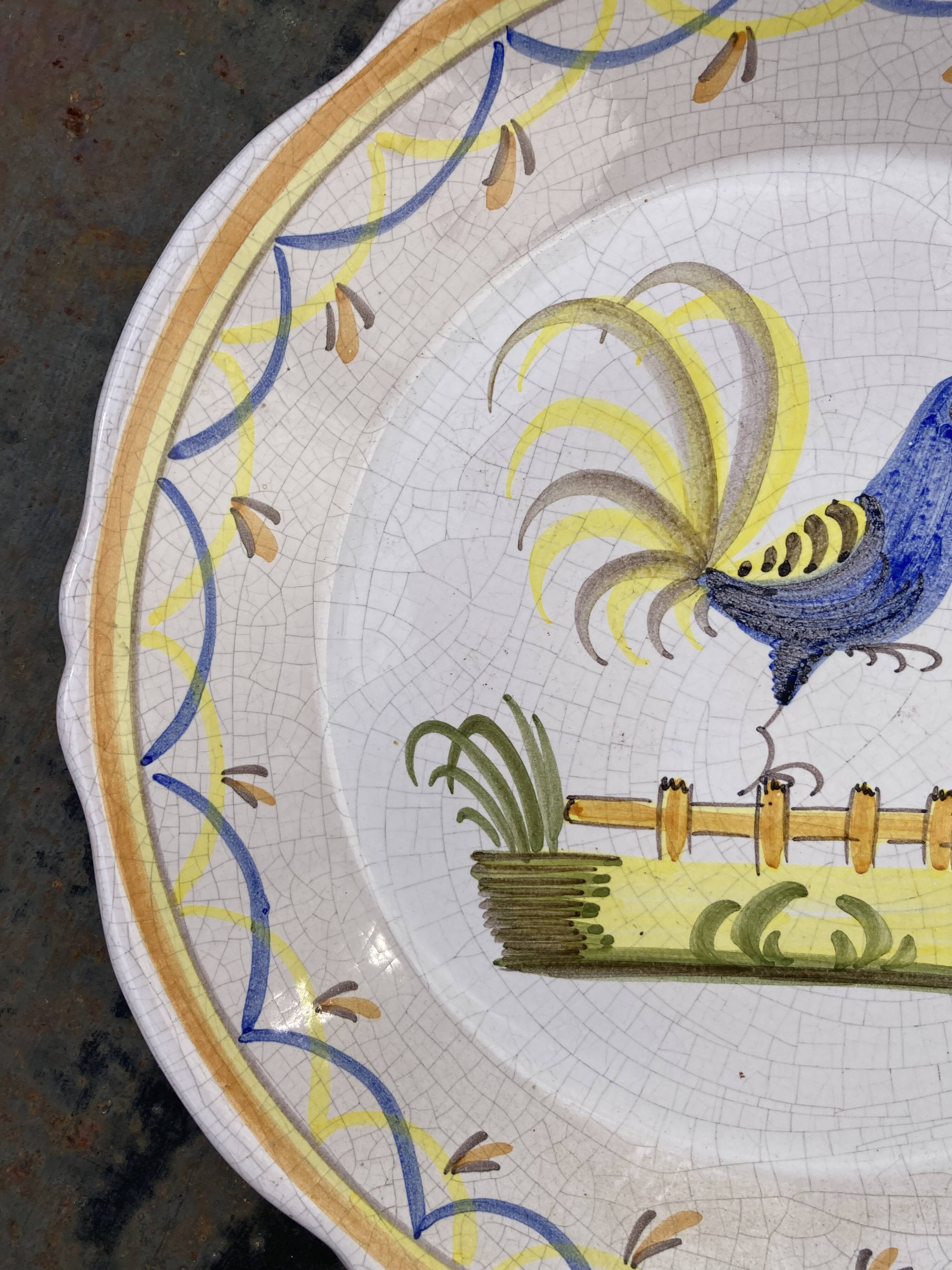 Quimper plate signed with rooster decoration in yellow enamelled ceramic old