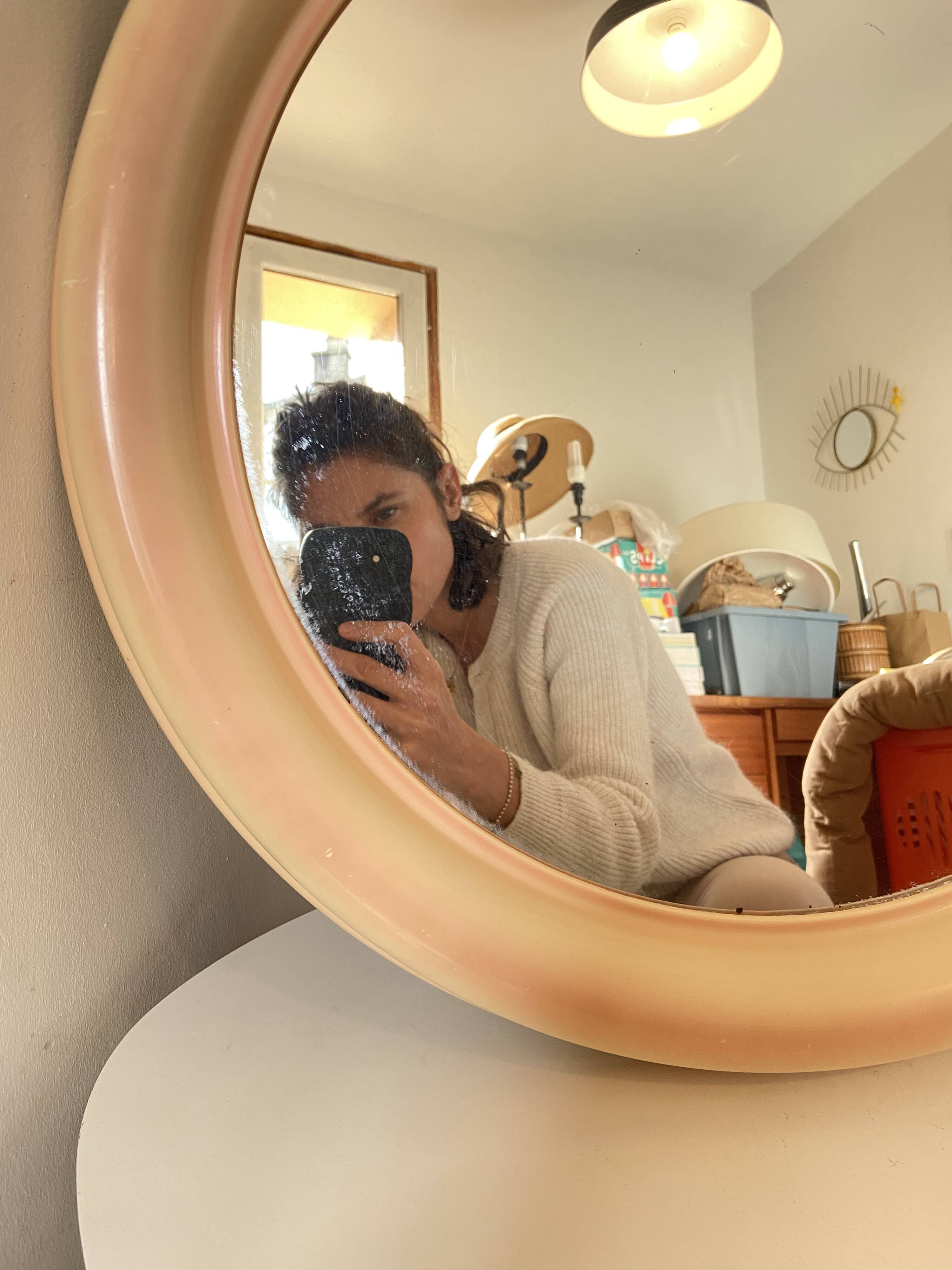Round Beige and Coral Plastic Wall Mirror from the 70s-80s