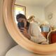 Round Beige and Coral Plastic Wall Mirror from the 70s-80s
