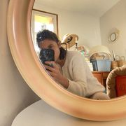 Round Beige and Coral Plastic Wall Mirror from the 70s-80s