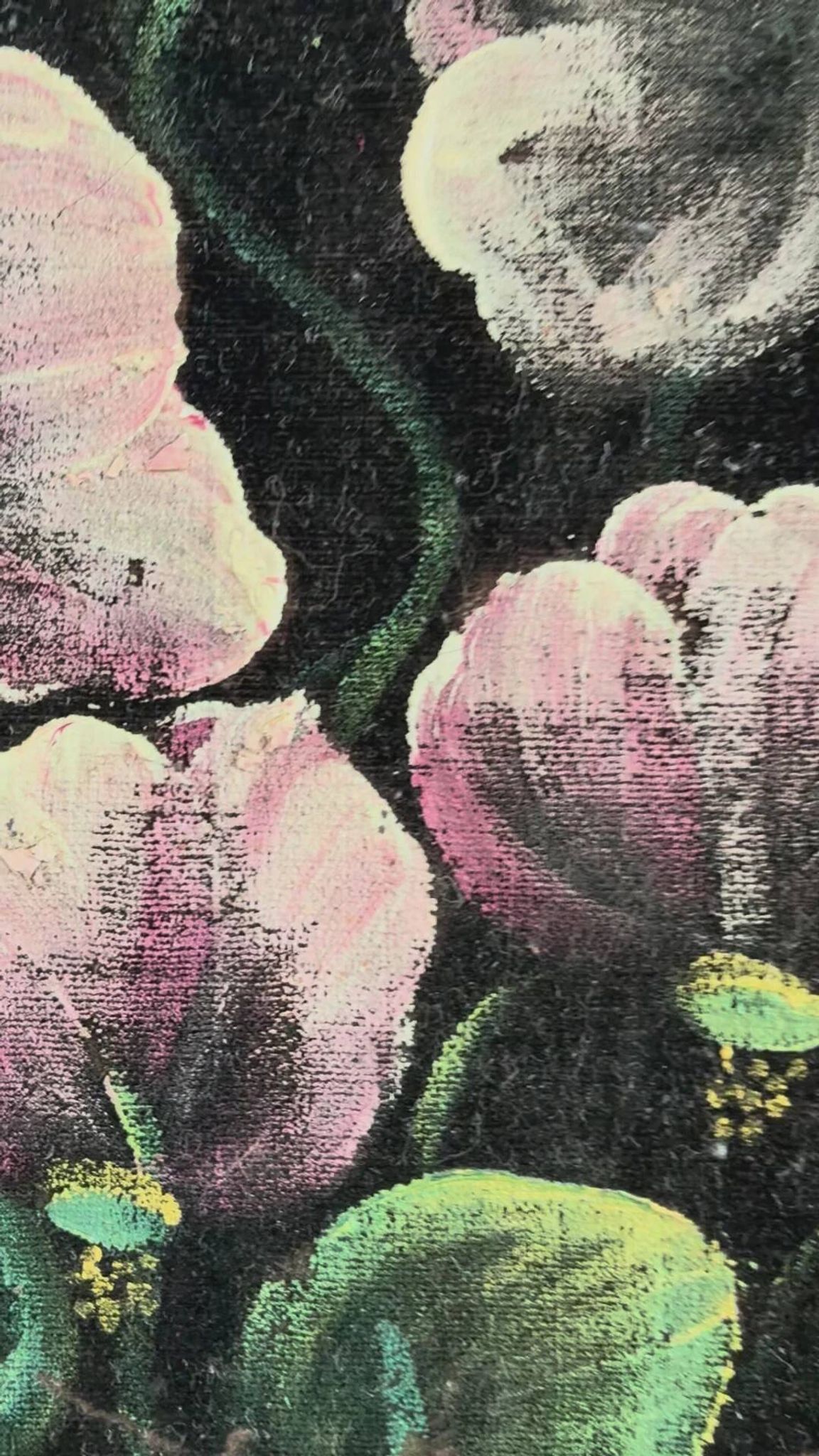 Vintage original velvet flower oil painting, pink flower still life art