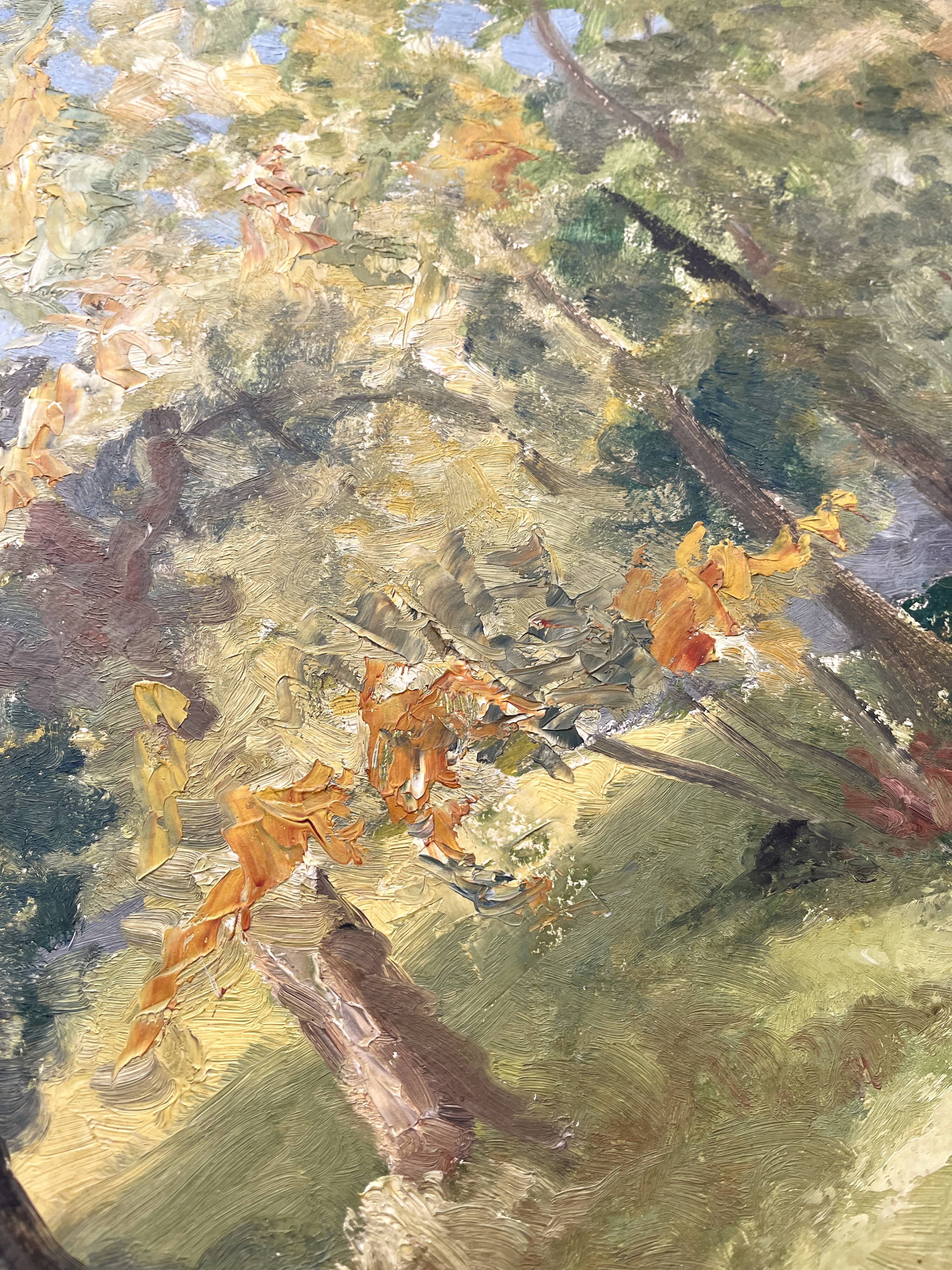 Antique painting, oil on cardboard depicting a landscape