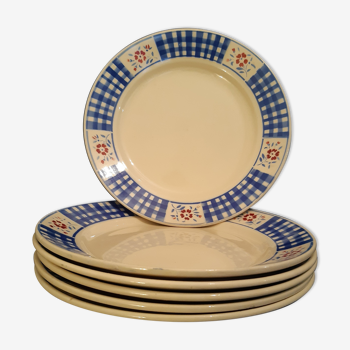 Lot de 6 assiettes K&g Lunéville blanc et vichy bleu