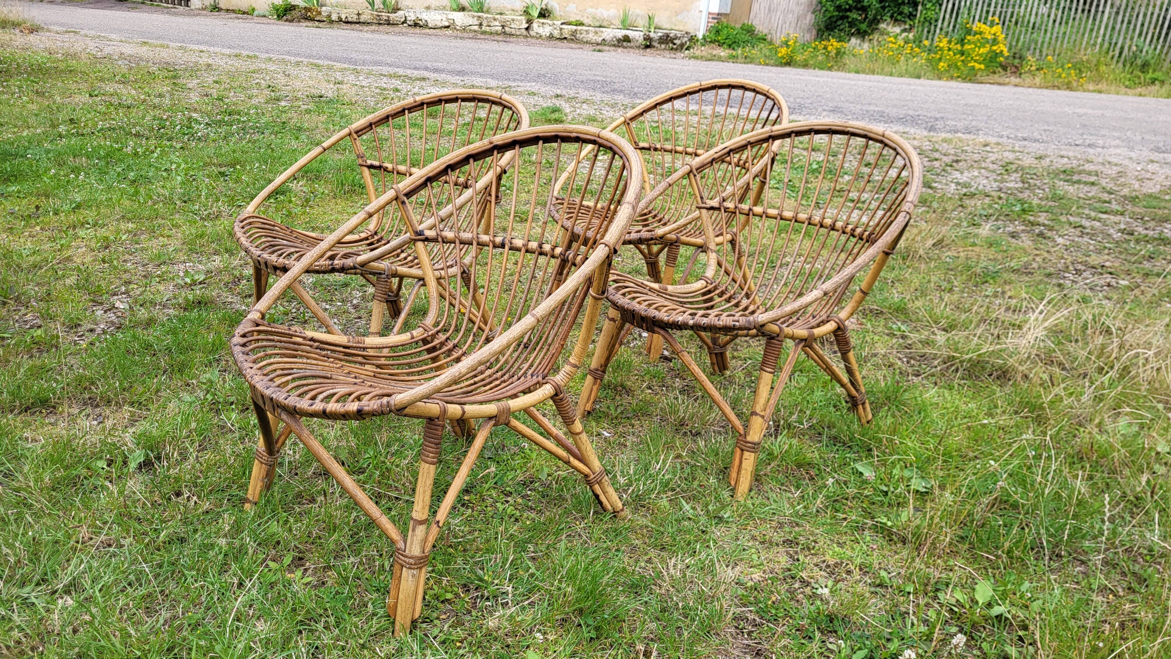 4 "shell" rattan armchairs 1960's