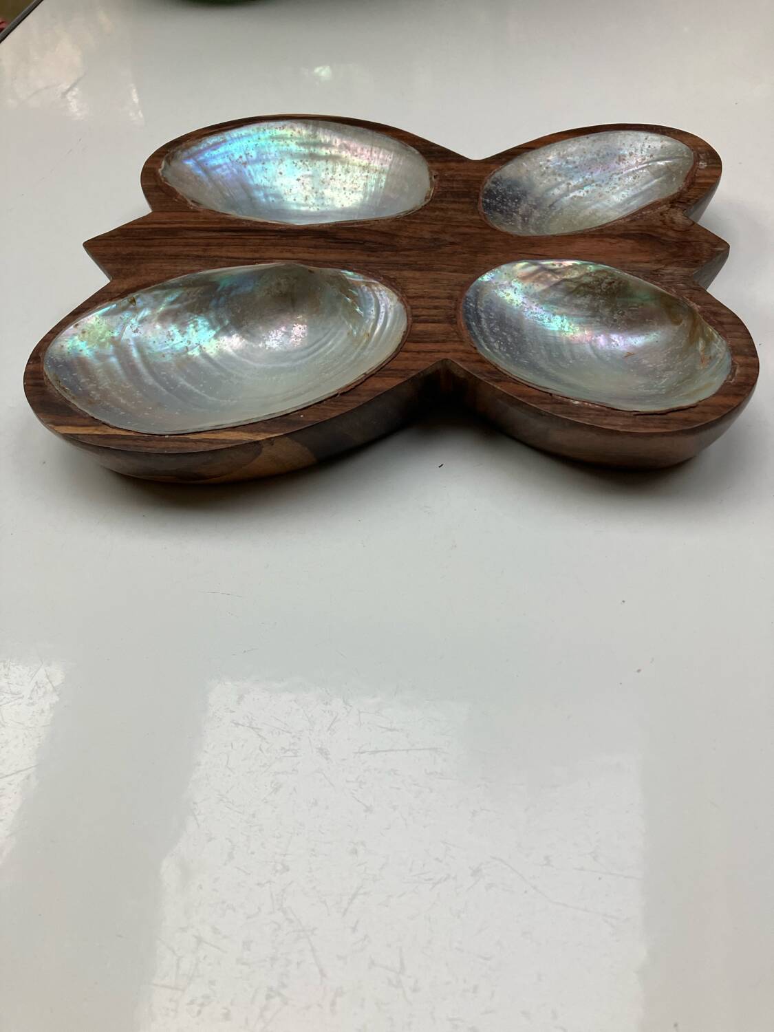 Wooden trinket tray with mother-of-pearl shells