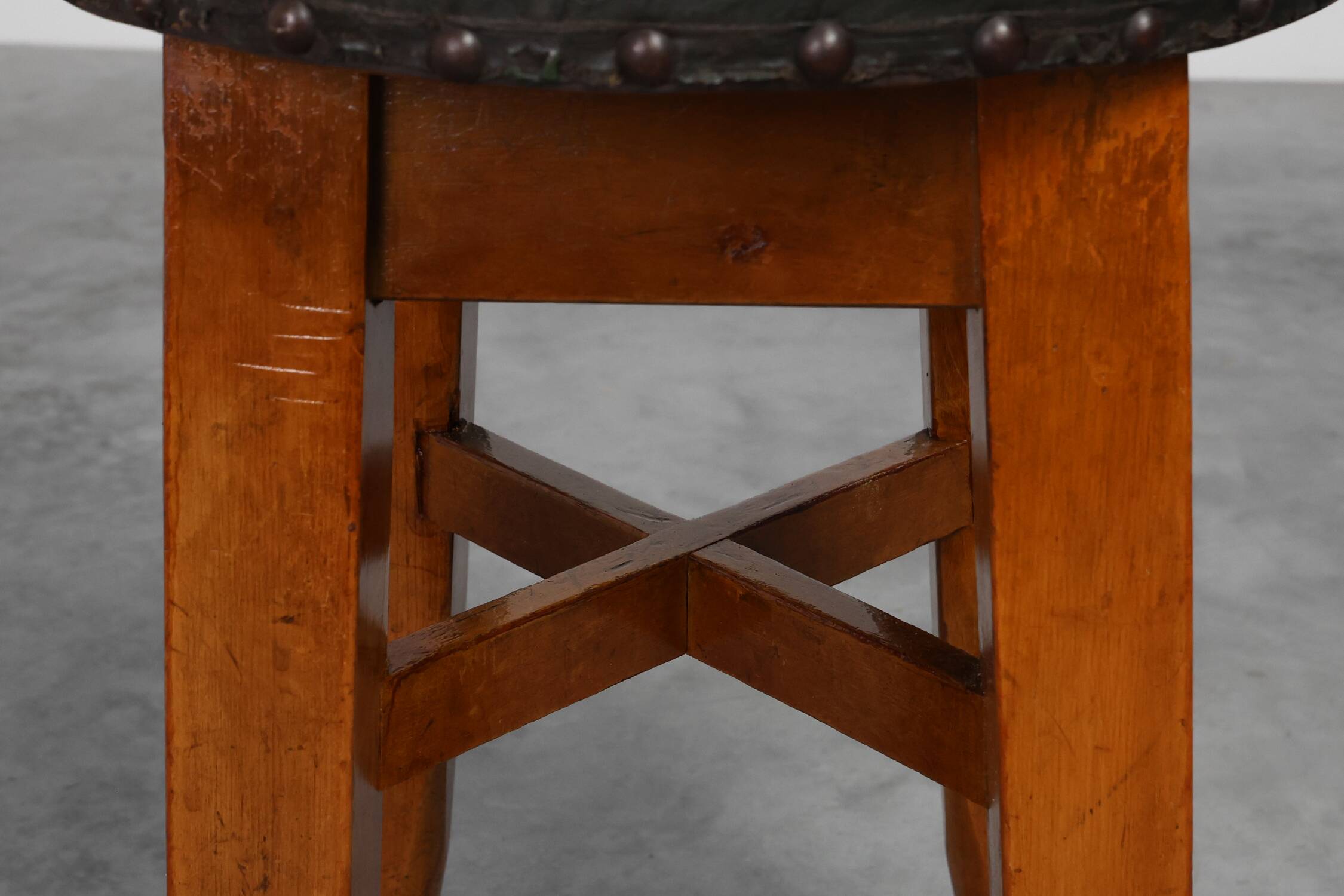 Arts & Crafts Meets Early Art Deco Oak & Leather Stool, France 1920