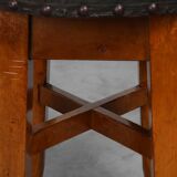 Arts & Crafts Meets Early Art Deco Oak & Leather Stool, France 1920