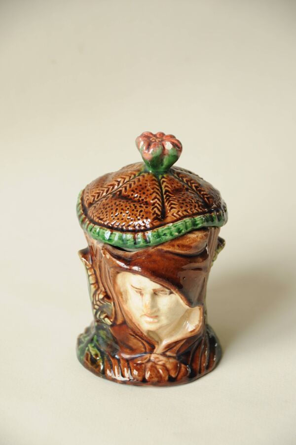 Pot Tabac Ancien Tête Janiforme  - Barbotine Majolica 19e - Style Médiéval