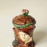 Old Tobacco Pot Janiform Head - Majolica Barbotine 19th Century - Medieval Style