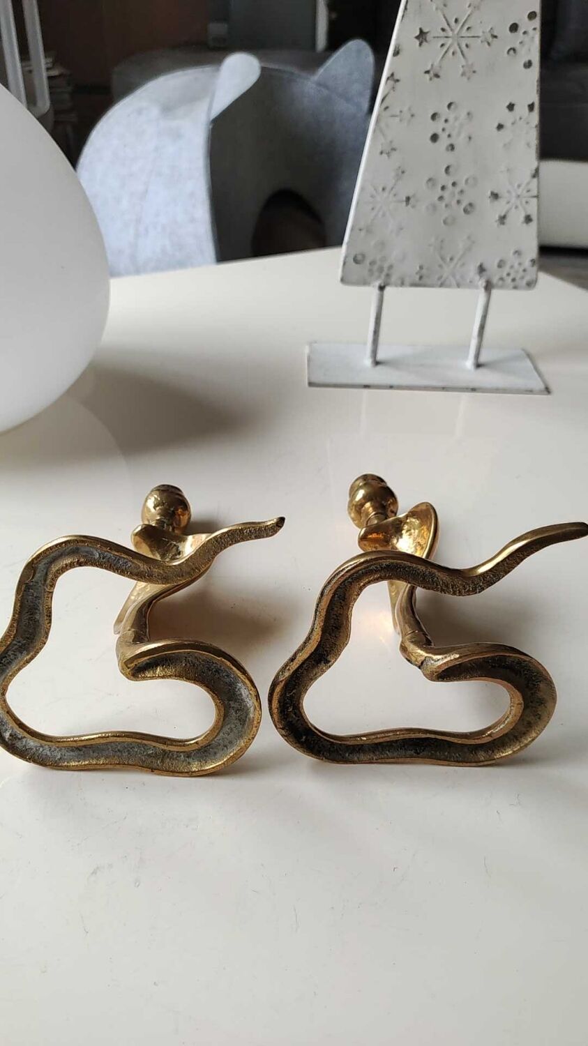 Pair of Zoomorphic candlesticks cobras, brass. Art Deco