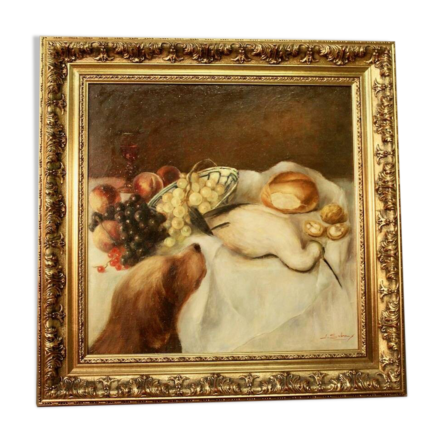 Oil on canvas "Still life dog and wader"