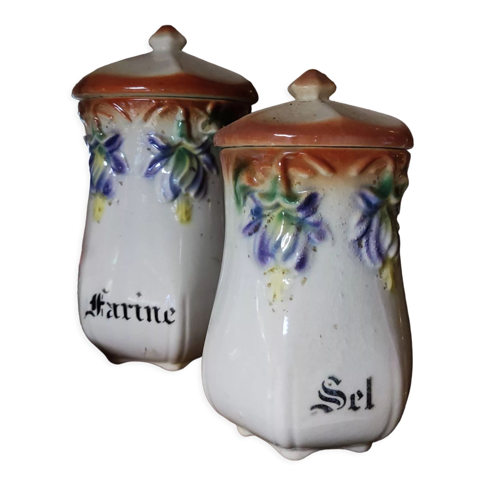 Set of 2 spice jars in art nouveau barbotine 1900