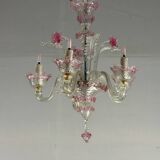 Small Venetian chandelier in colorless and red Murano glass, circa 1950