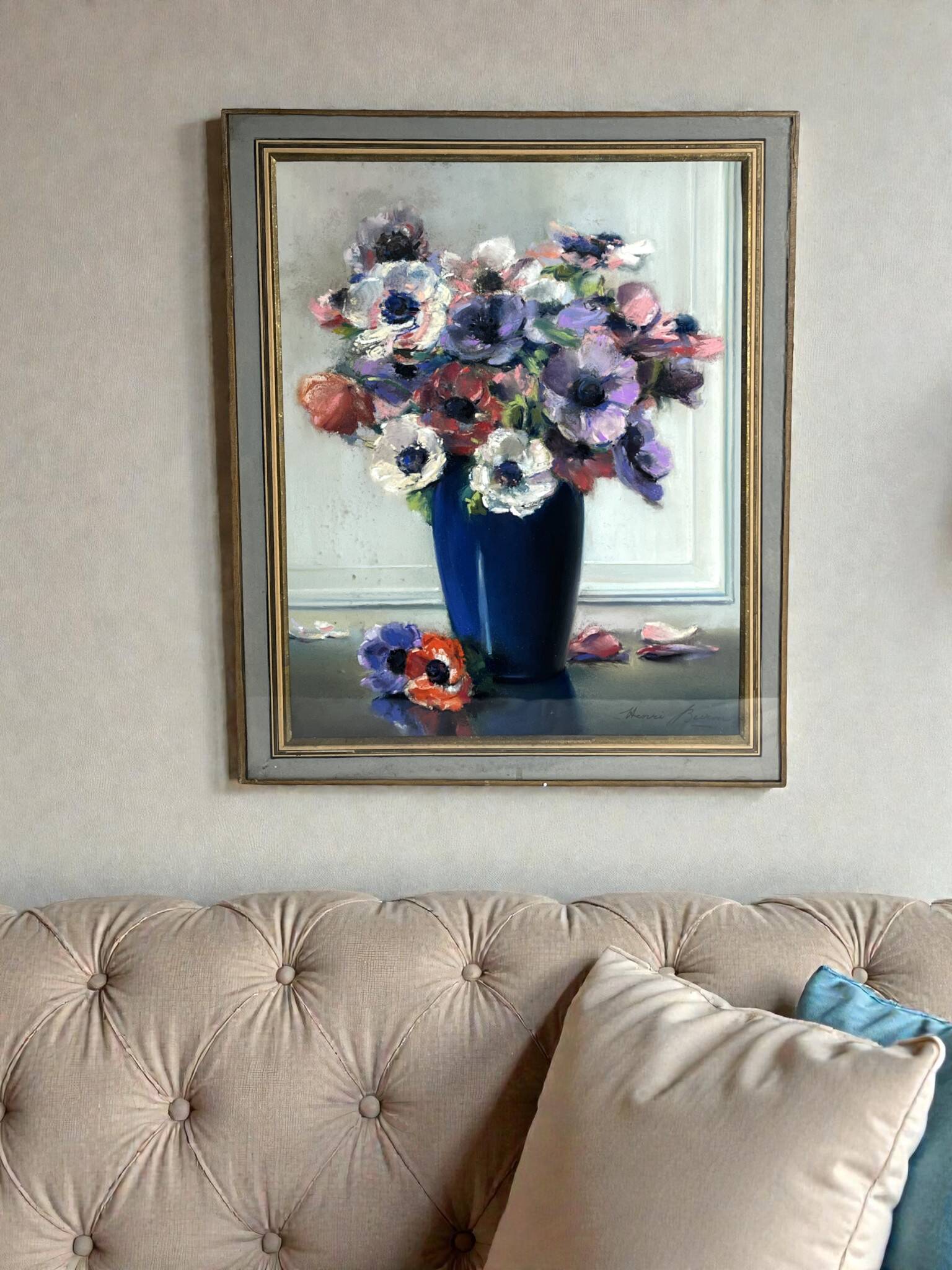 BURON Henri, Pastel still life bouquet of anemones signed around 1950
