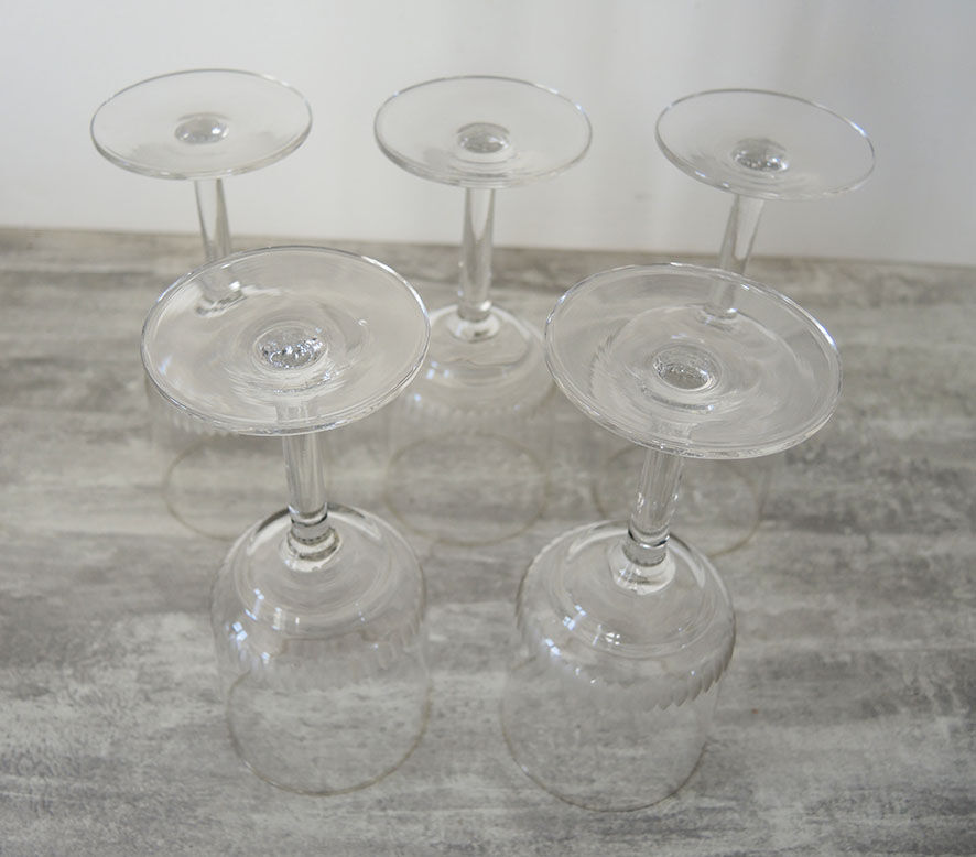5 old crystal foot glasses engraved