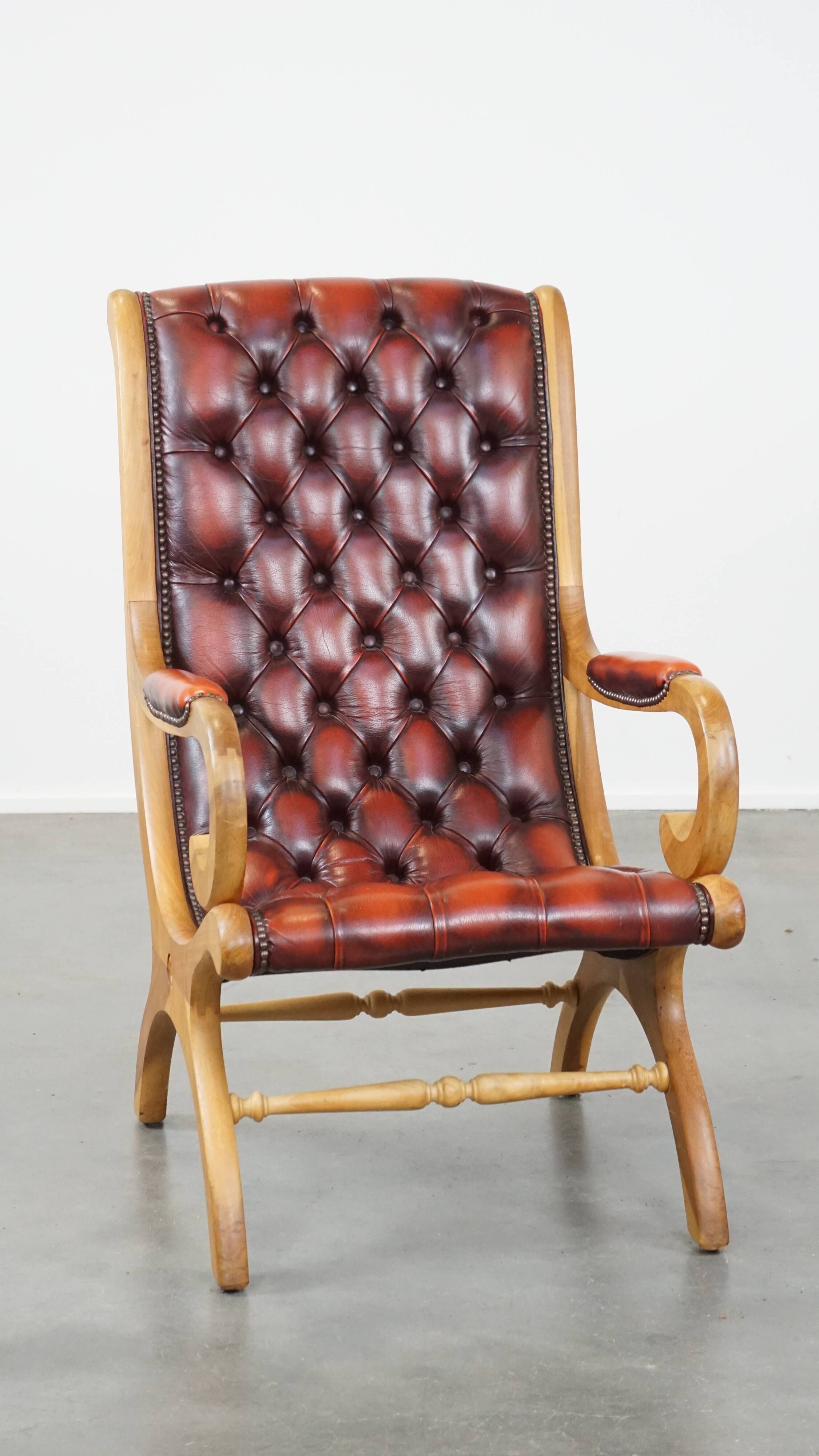 Red flame-grained English cow leather chesterfield armchair