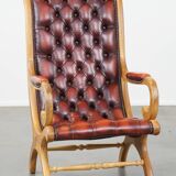 Red flame-grained English cow leather chesterfield armchair