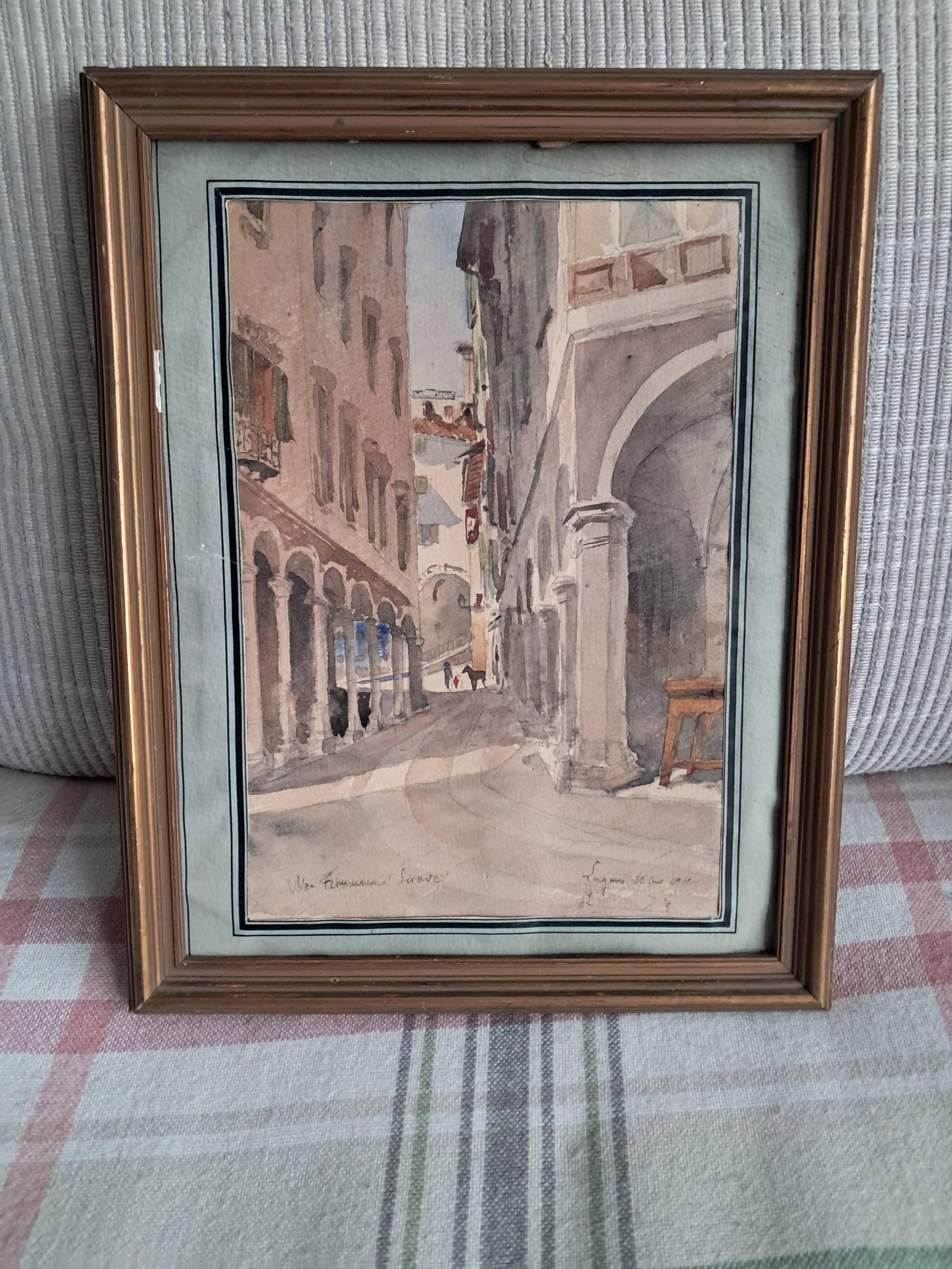 Ancient painting depicting a street in Lugano, Switzerland.