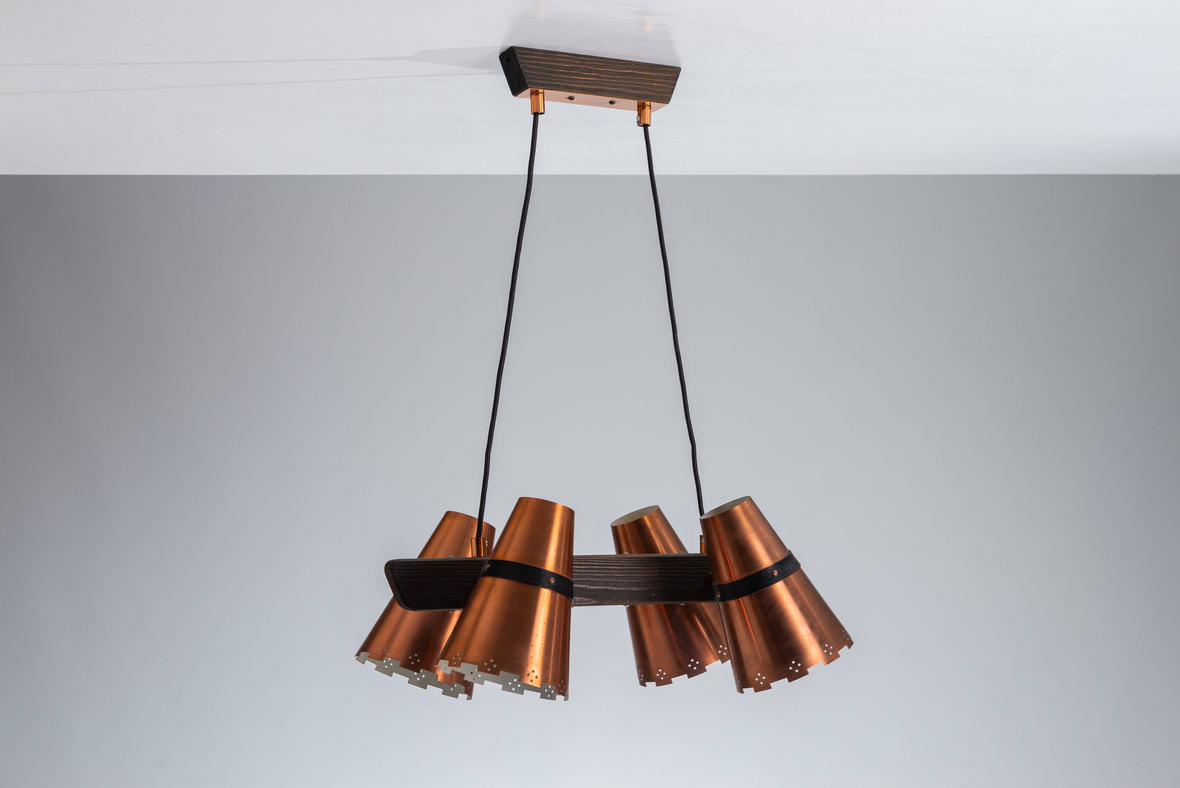 Ceiling lamp in dark stained wood with four brass shades, Sweden, 1960s