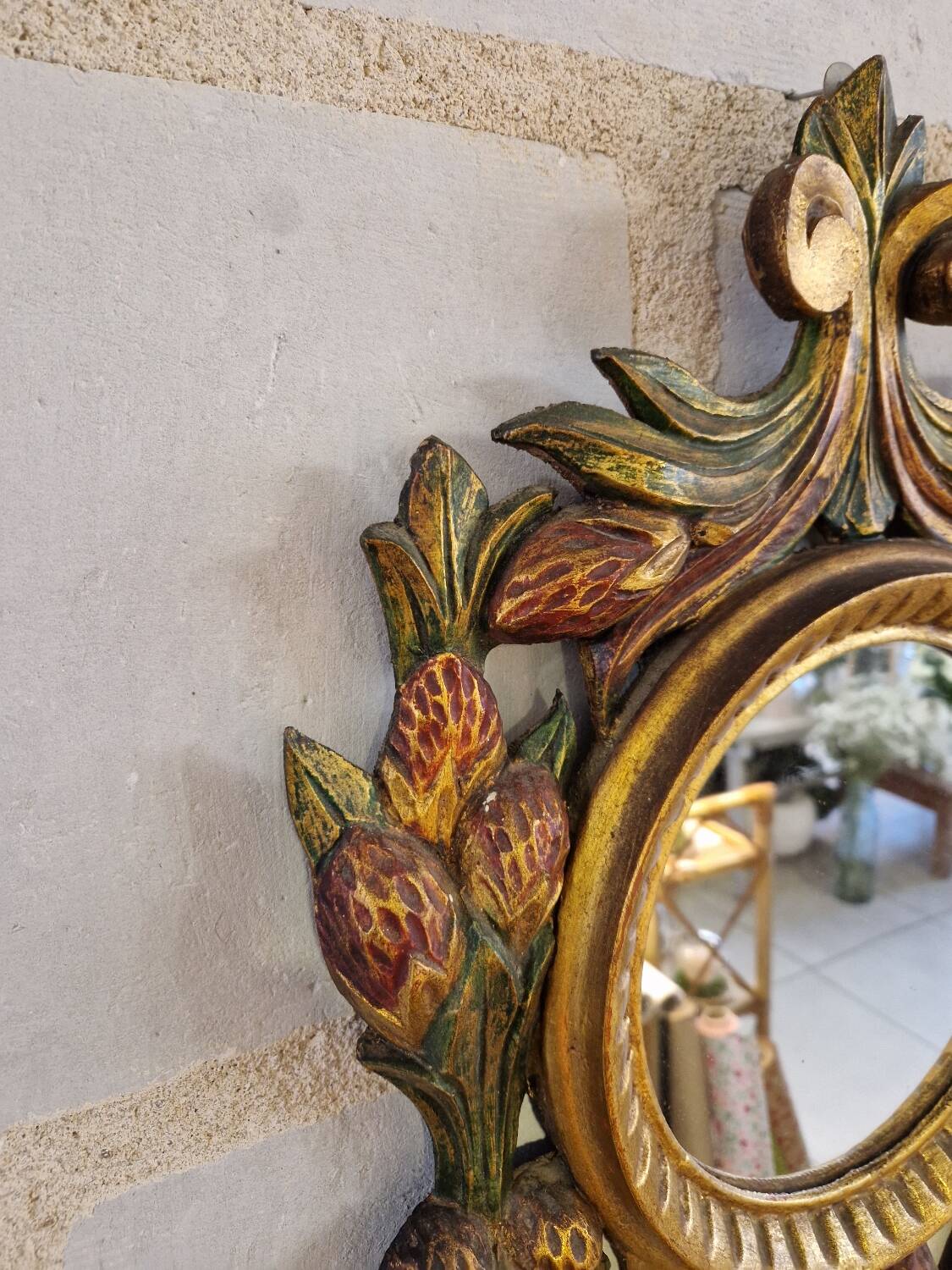 Antique Italian Polychrome Carved Wooden Mirror
