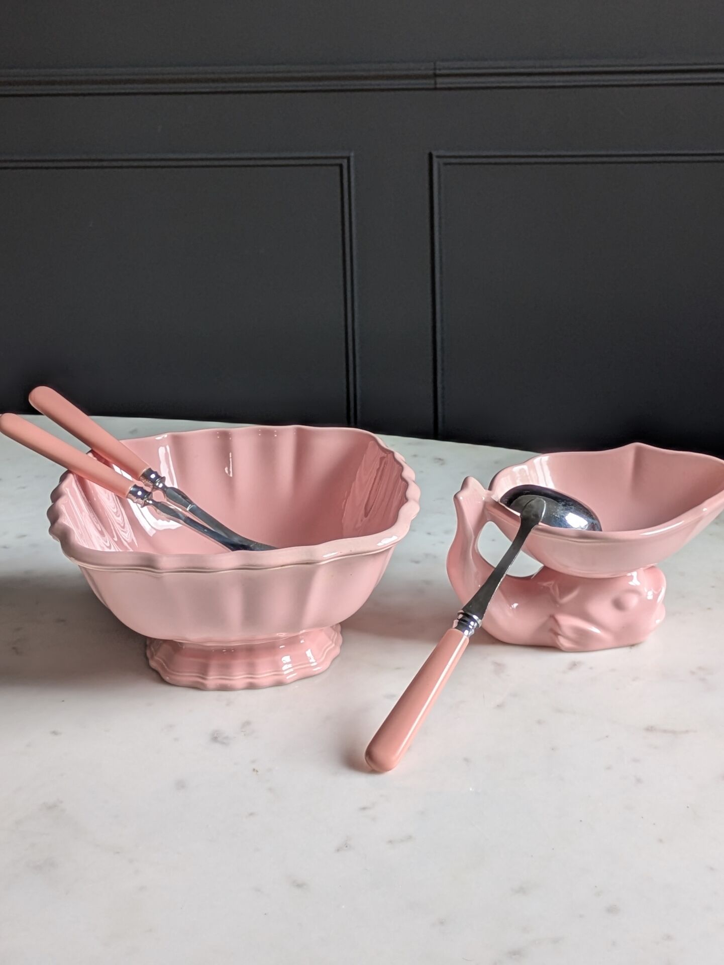 Vintage powder pink earthenware duo. Salins les Bains. 1950s.