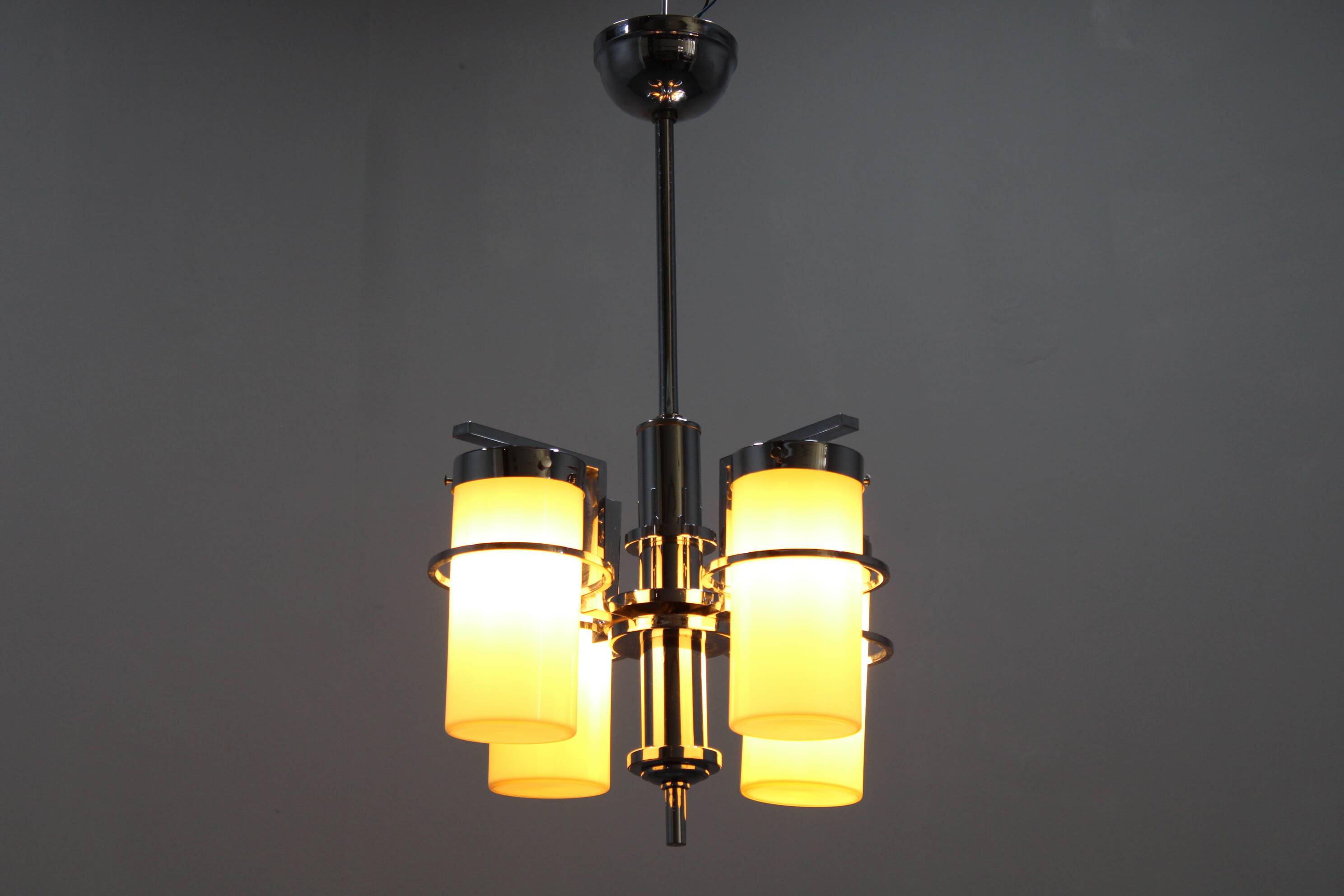 Restored Bauhaus/Art Deco chrome & glass chandelier, Czechoslovakia, 1930s