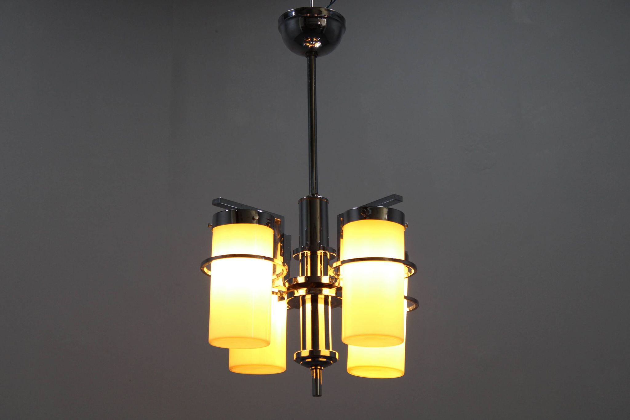 Restored Bauhaus/Art Deco chrome & glass chandelier, Czechoslovakia, 1930s
