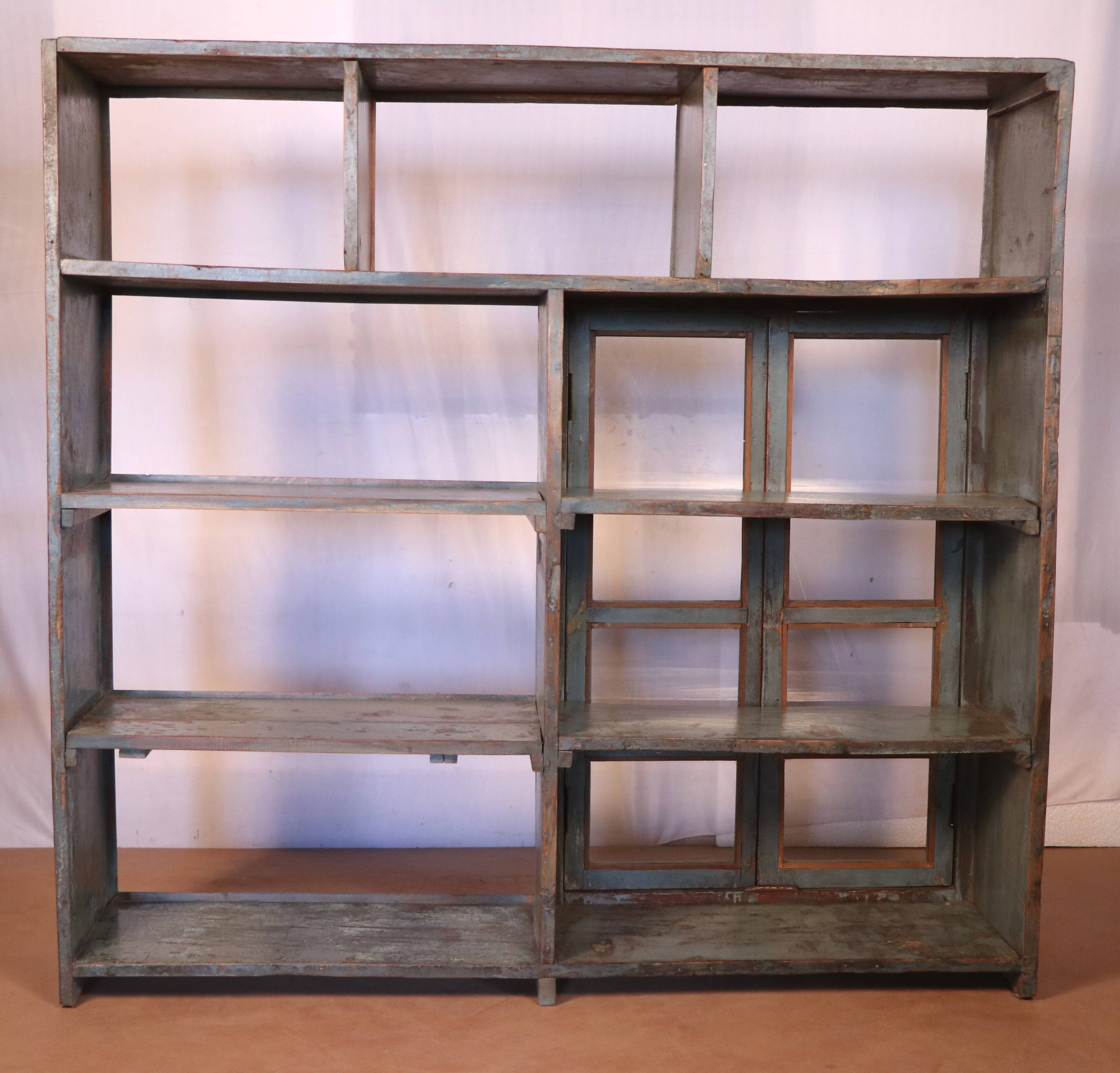 Old shelf, shopkeeper's bookcase in original Burmese teak with blue-gray patina