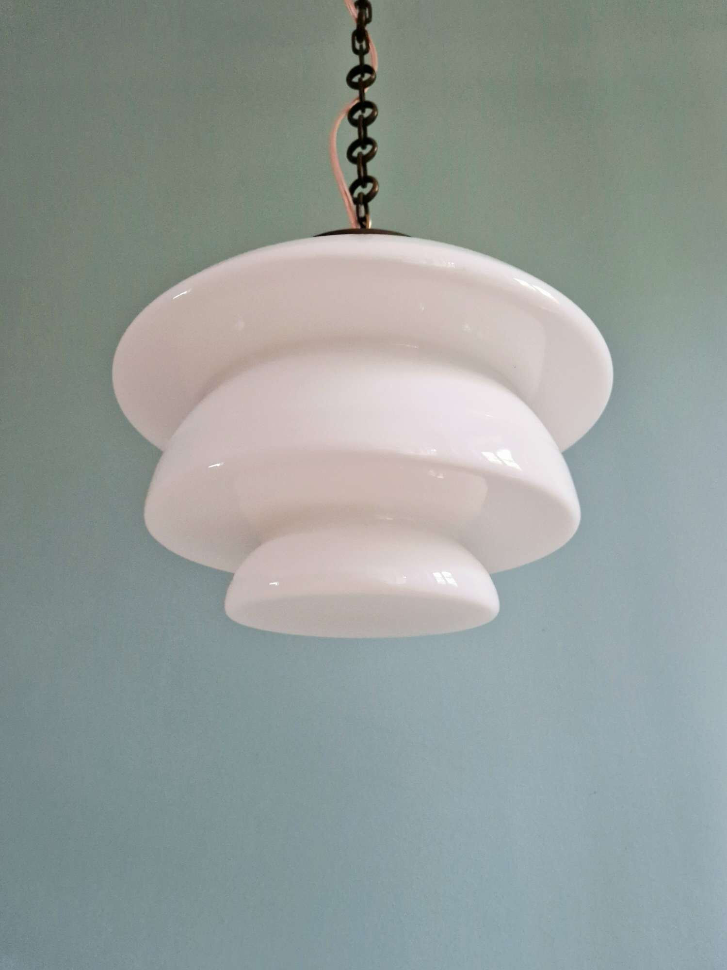 Art Deco pendant light in white opaline and copper frame, 1920s-30s