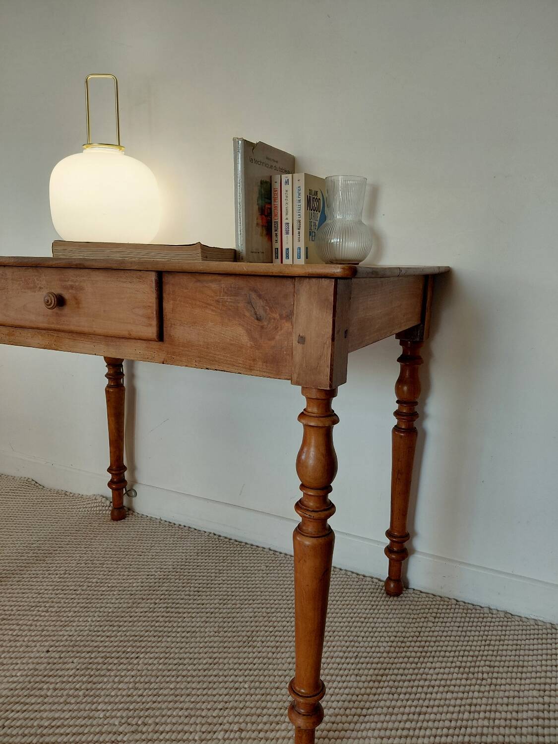 Old solid wood console - turned legs - drawer in chic country style