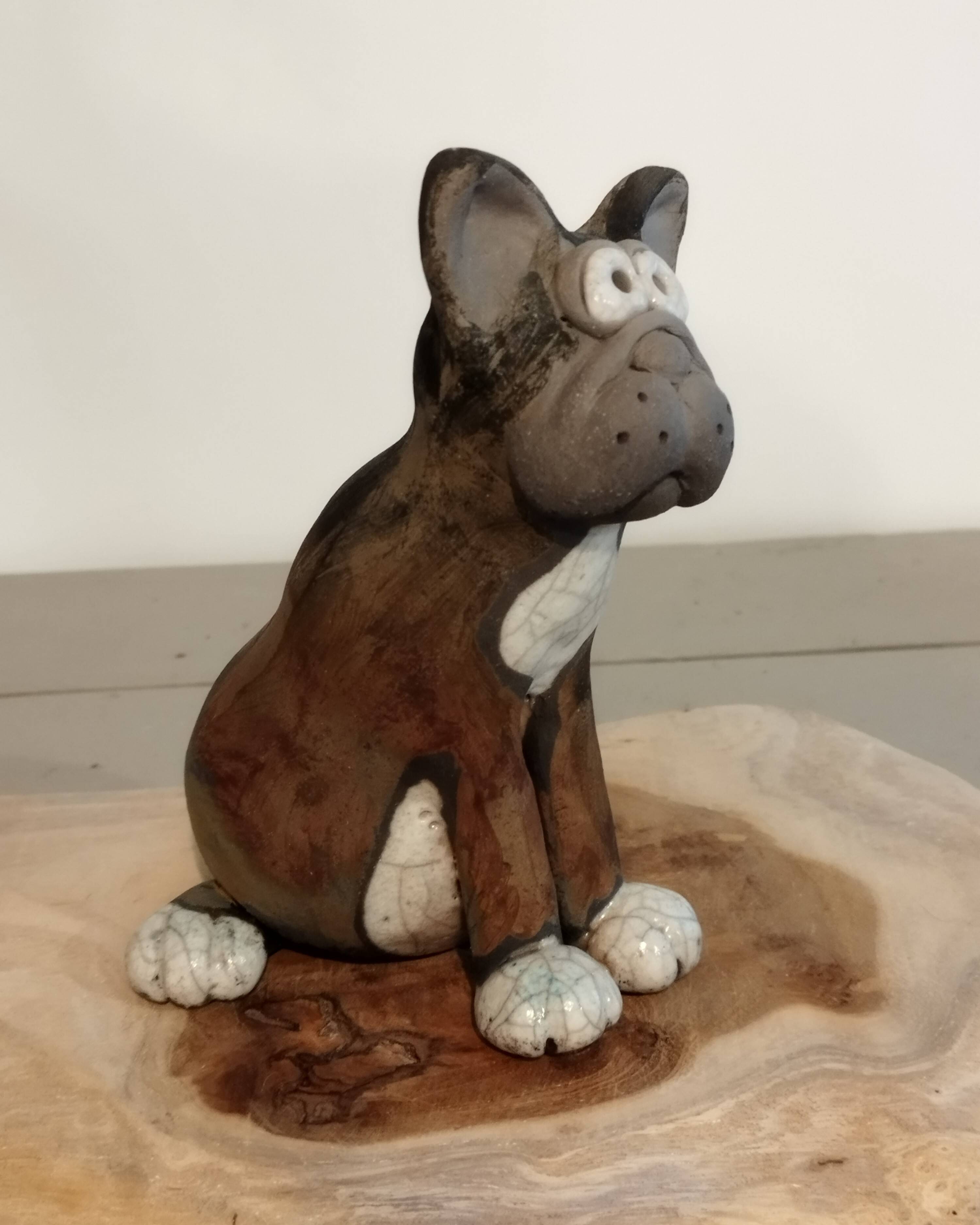Raku ceramic dog sculpture, unique piece.
