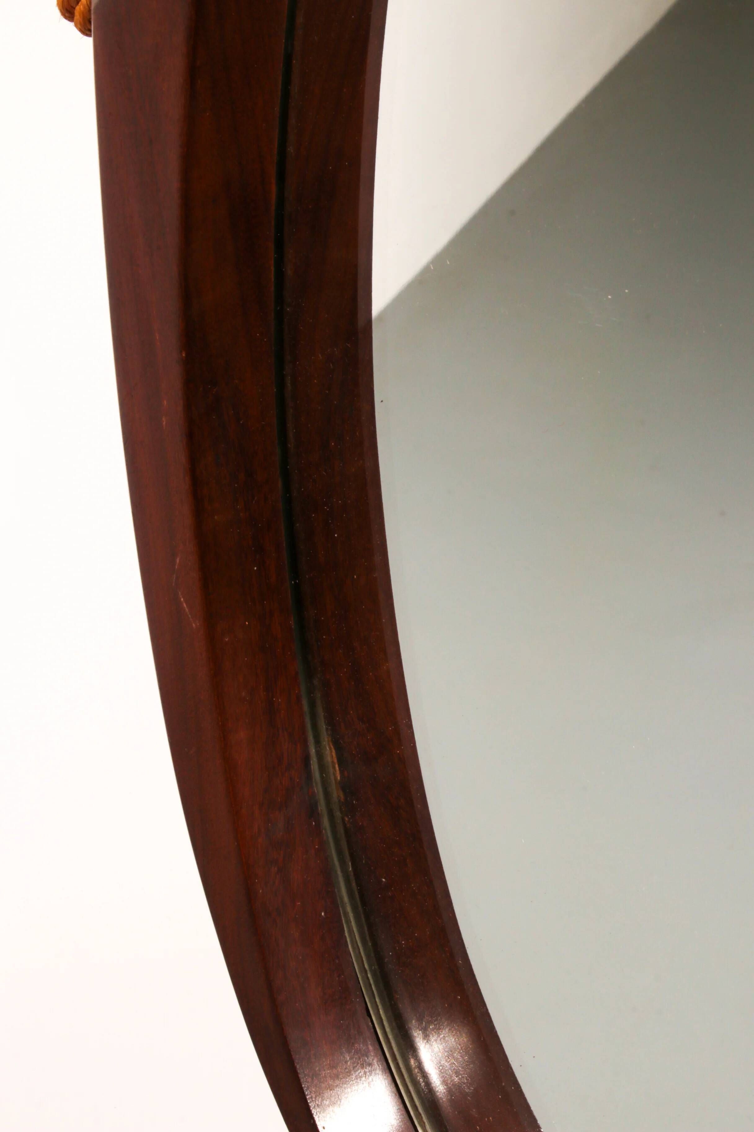 Mid-century Italian oval mirror in curved teak, rope and leather, 1960s