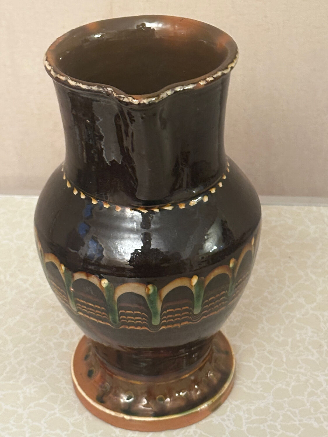 Vintage Romanian glazed pottery pitcher