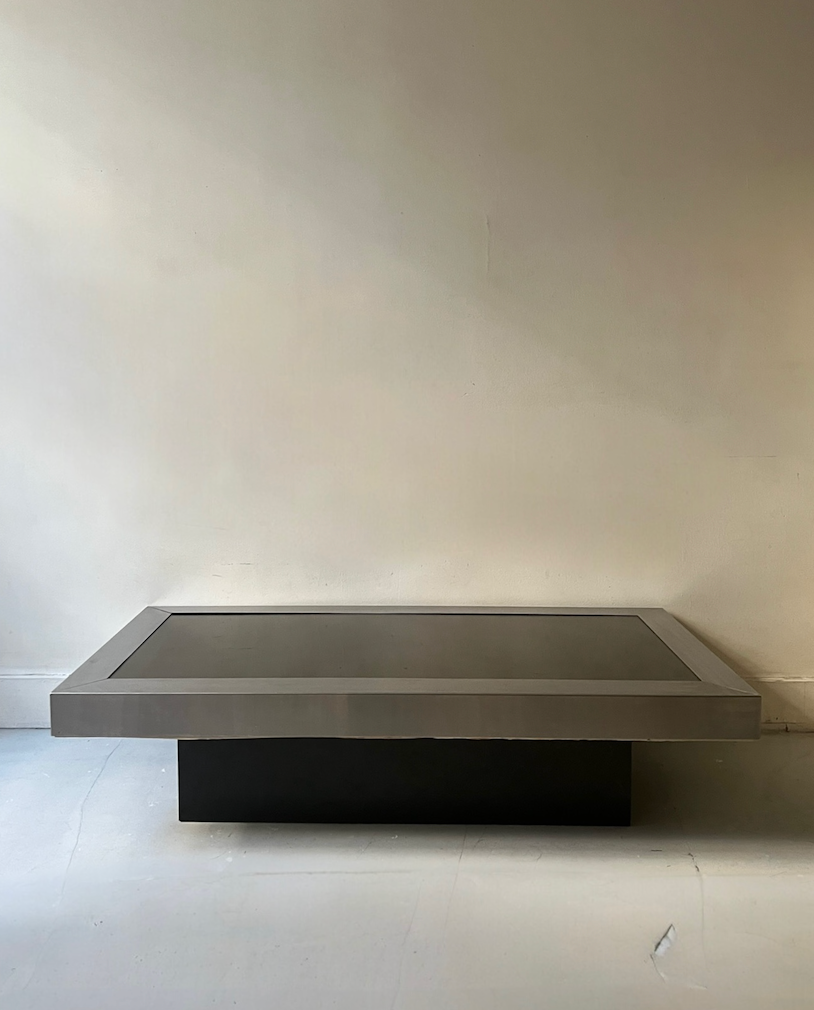 Rectangular black metal & smoked glass coffee table by Willy Rizzo, 1970.
