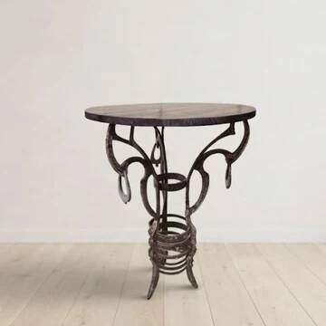 Handmade round side table with wrought iron base, circa 1980s, Czechoslovakia, 67 × 50 cm
