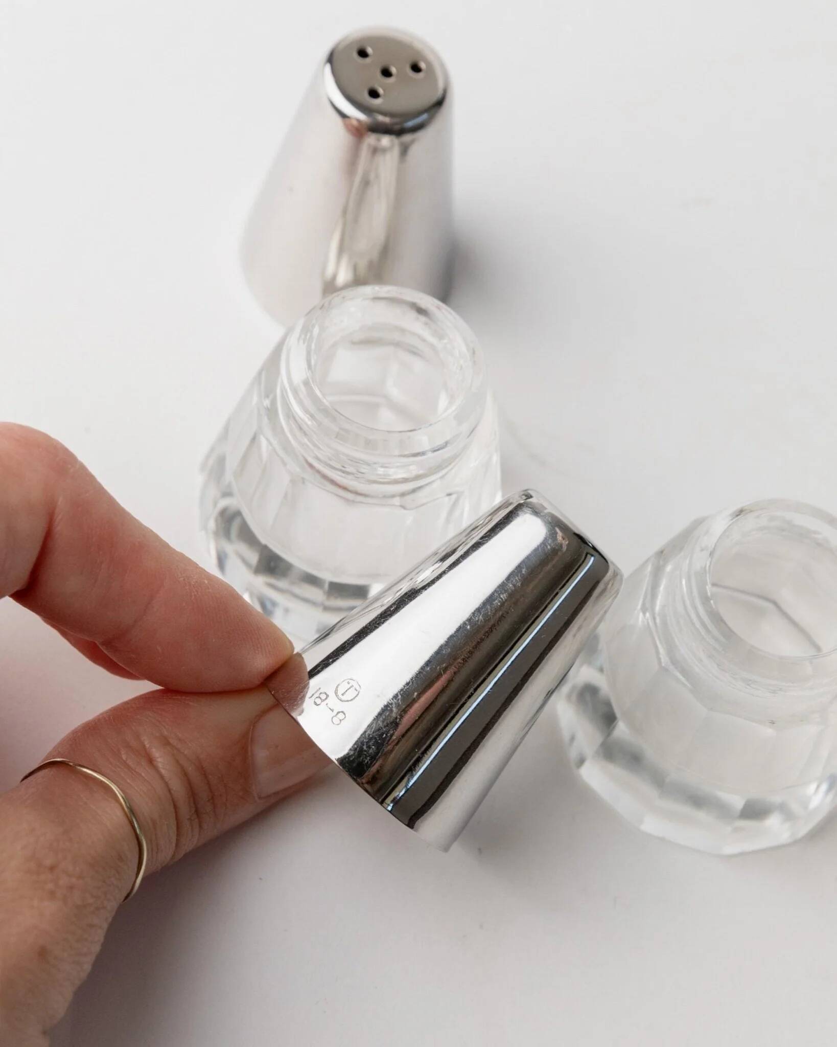Vintage Argent Salt and Pepper Shakers with Clear Glass and Silver-Plated Caps, Conical Minimal Italian Design, 1950s