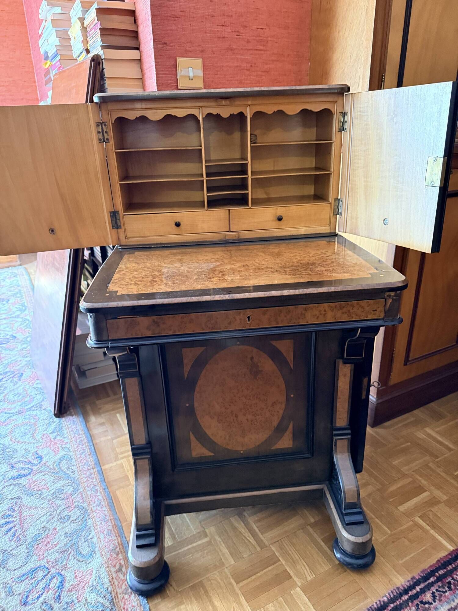 Victorian-era blackened wood and burr walnut Davenport.