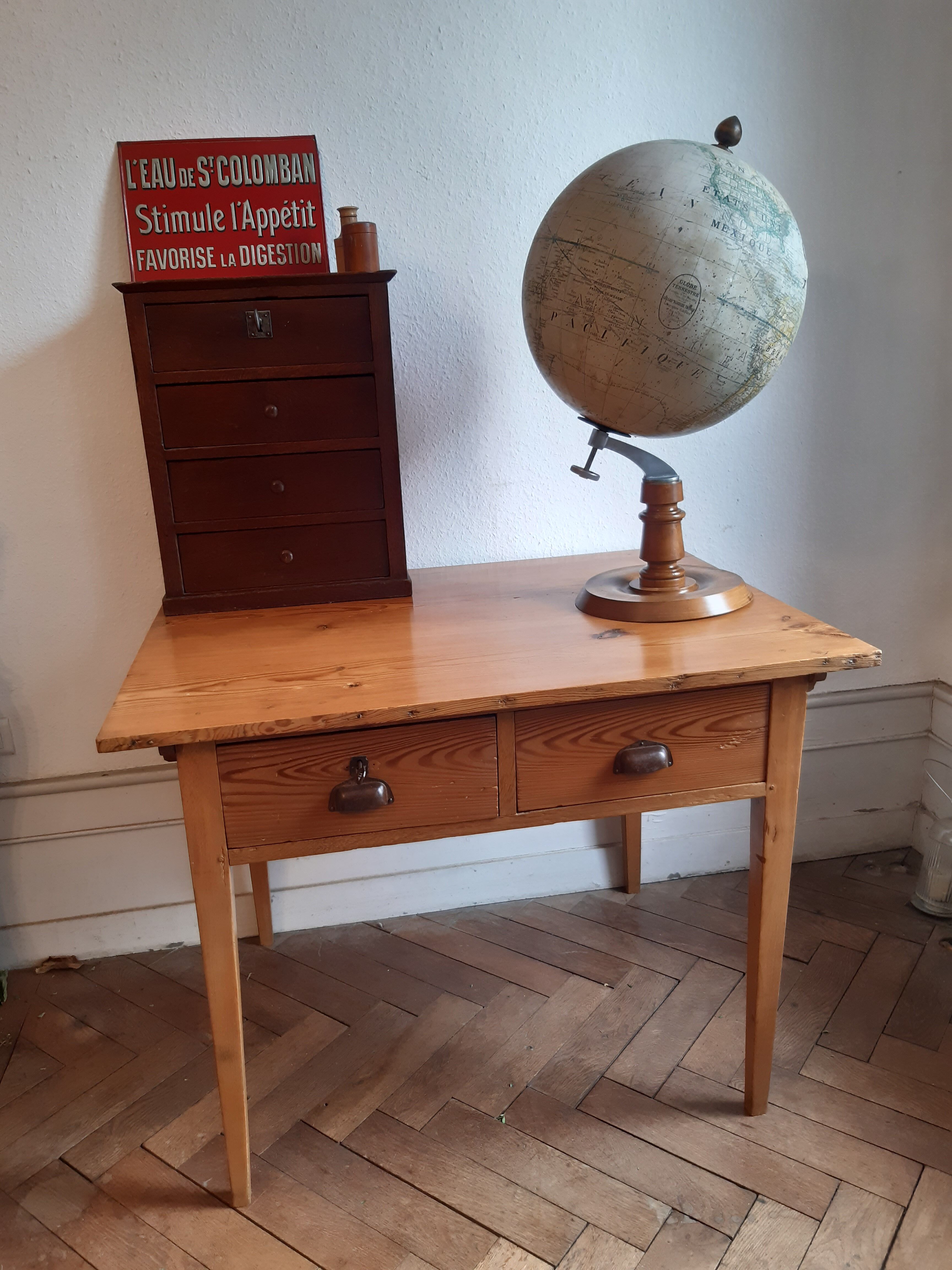 Old office table vintage fir 1900 2 drawers