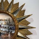 Miroir soleil doré a rayons en bois - années 50