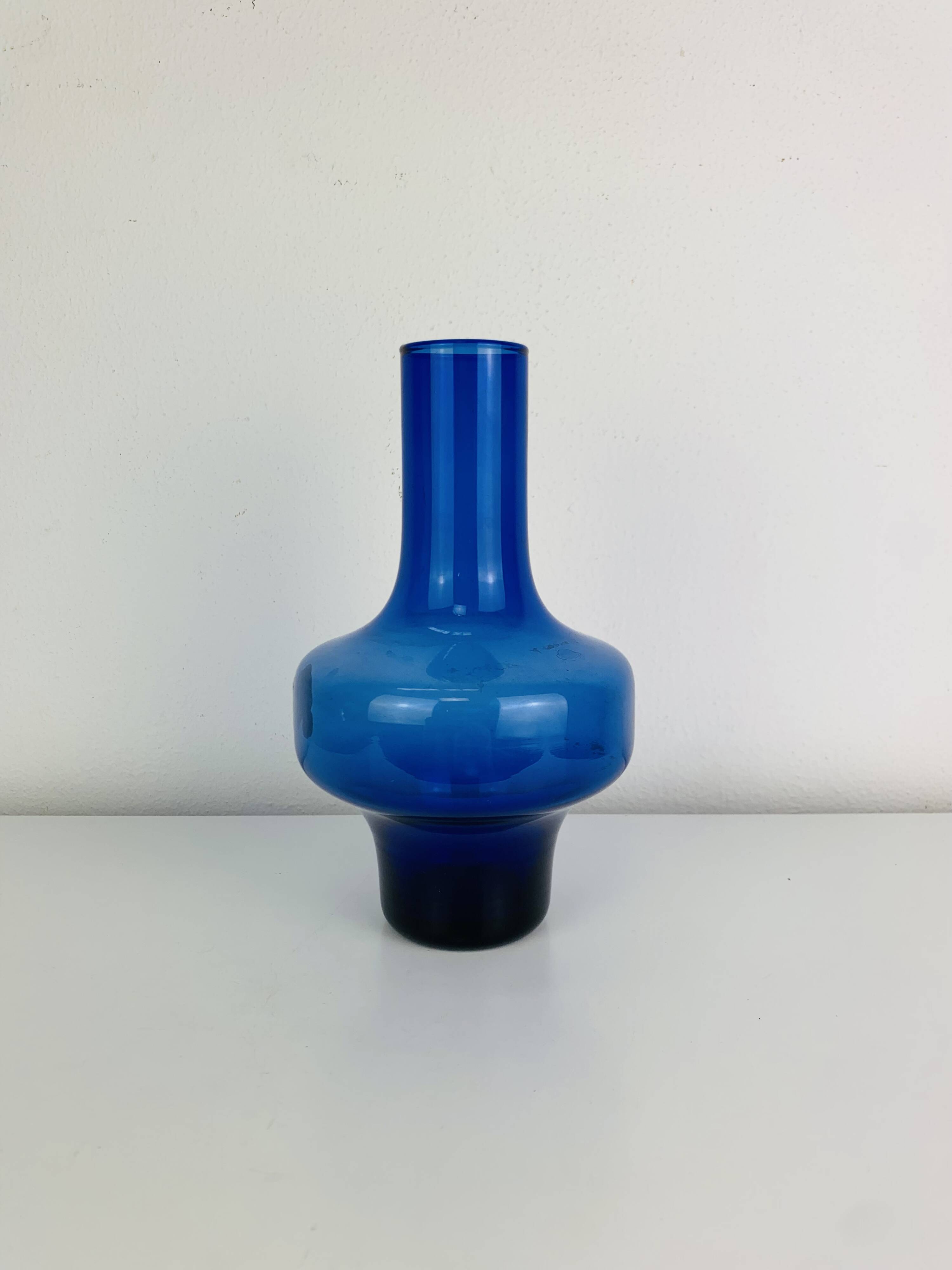 Blue glass vase in Scandinavian style from the 1960s, mouth-blown.