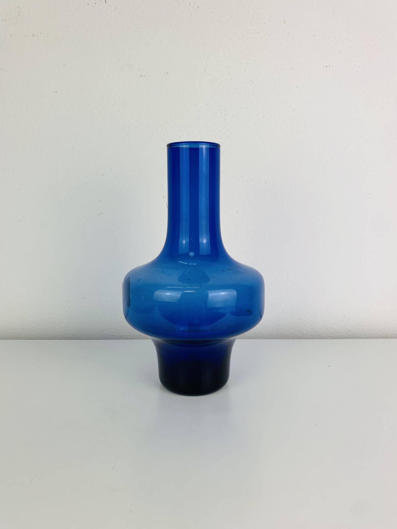 Blue glass vase in Scandinavian style from the 1960s, mouth-blown.