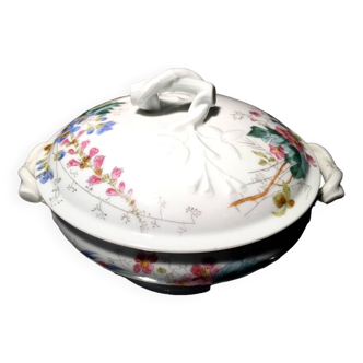 Soupiere en porcelaine a decor floral poignees bambou