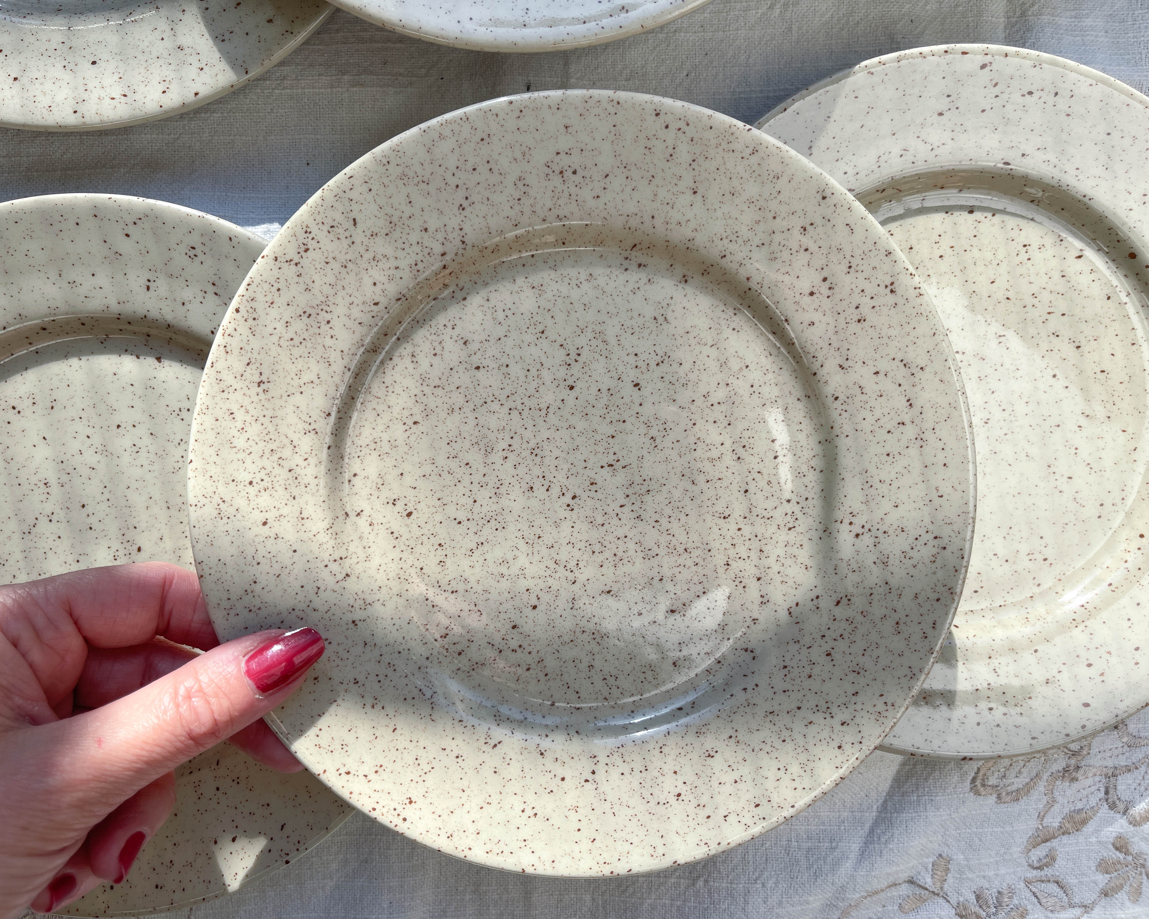 Set of 6 speckled grey stoneware plates 1970