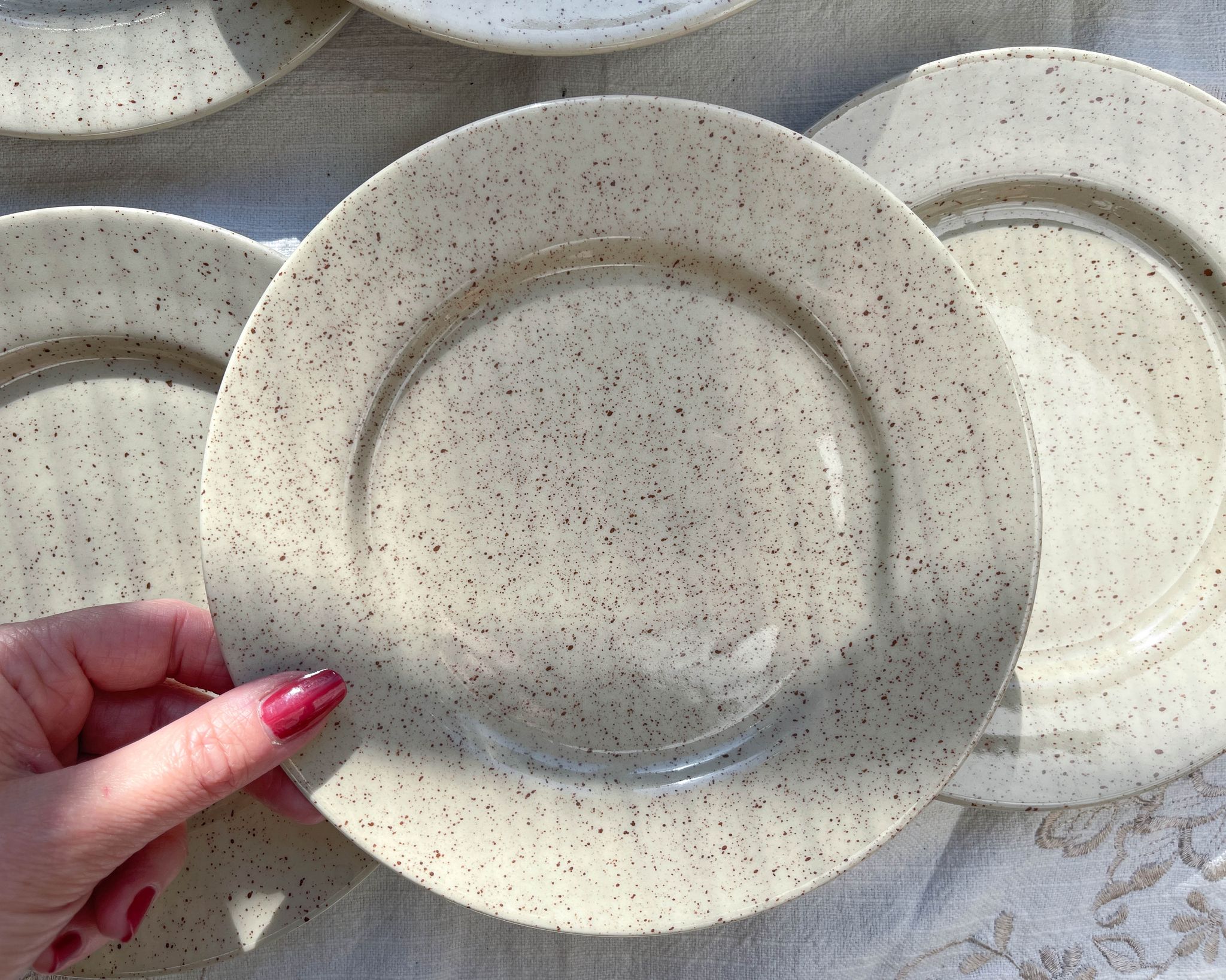 Set of 6 speckled grey stoneware plates 1970