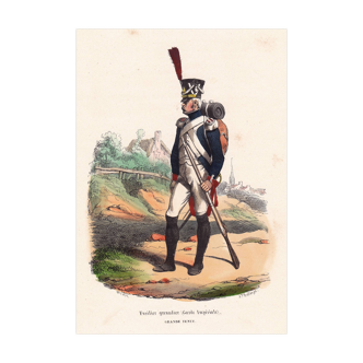 19th Century Engraving 1840 Grenadier Fusilier of the Imperial Guard in Napoleon Bonaparte Full Dress