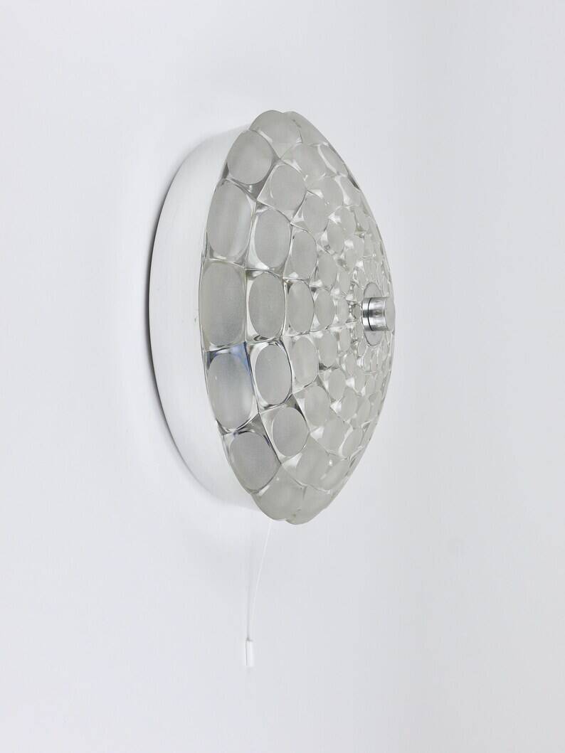 Peill & Putzer Large Round Op Art Glass Sconce, Wall Lamp, Flush Mount, Germany, 1970s