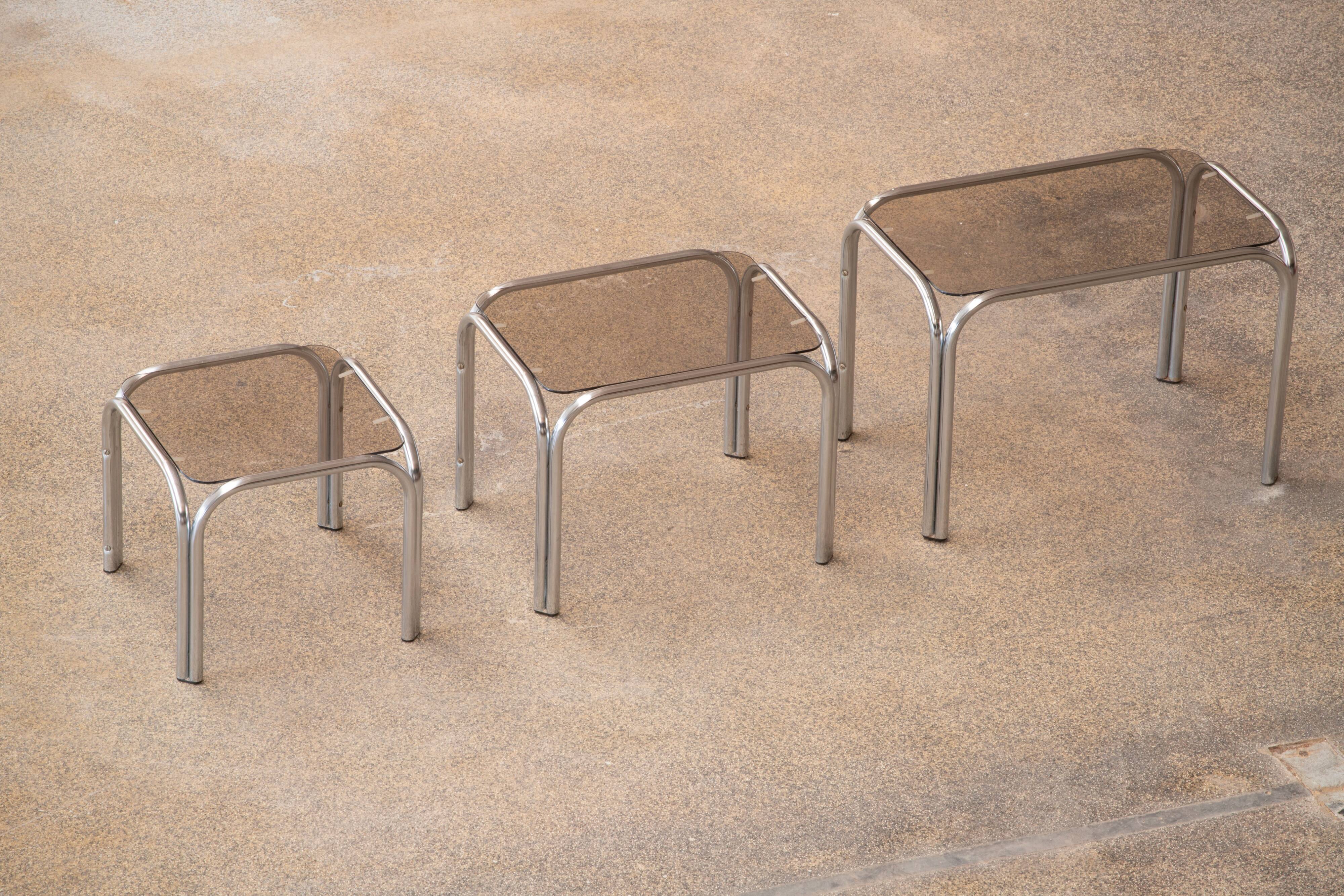 Vintage chrome and glass built-in coffee tables 1970