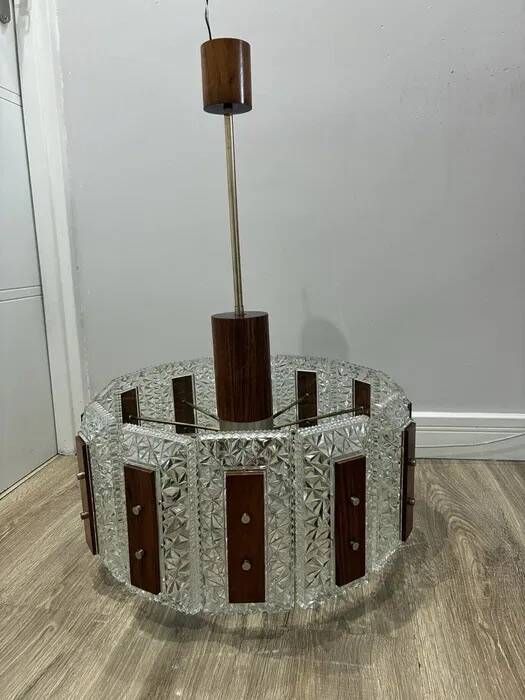 Carl Fagerlund for Orrefors Chandelier — Glass, Teak & Brass, Sweden 1960s