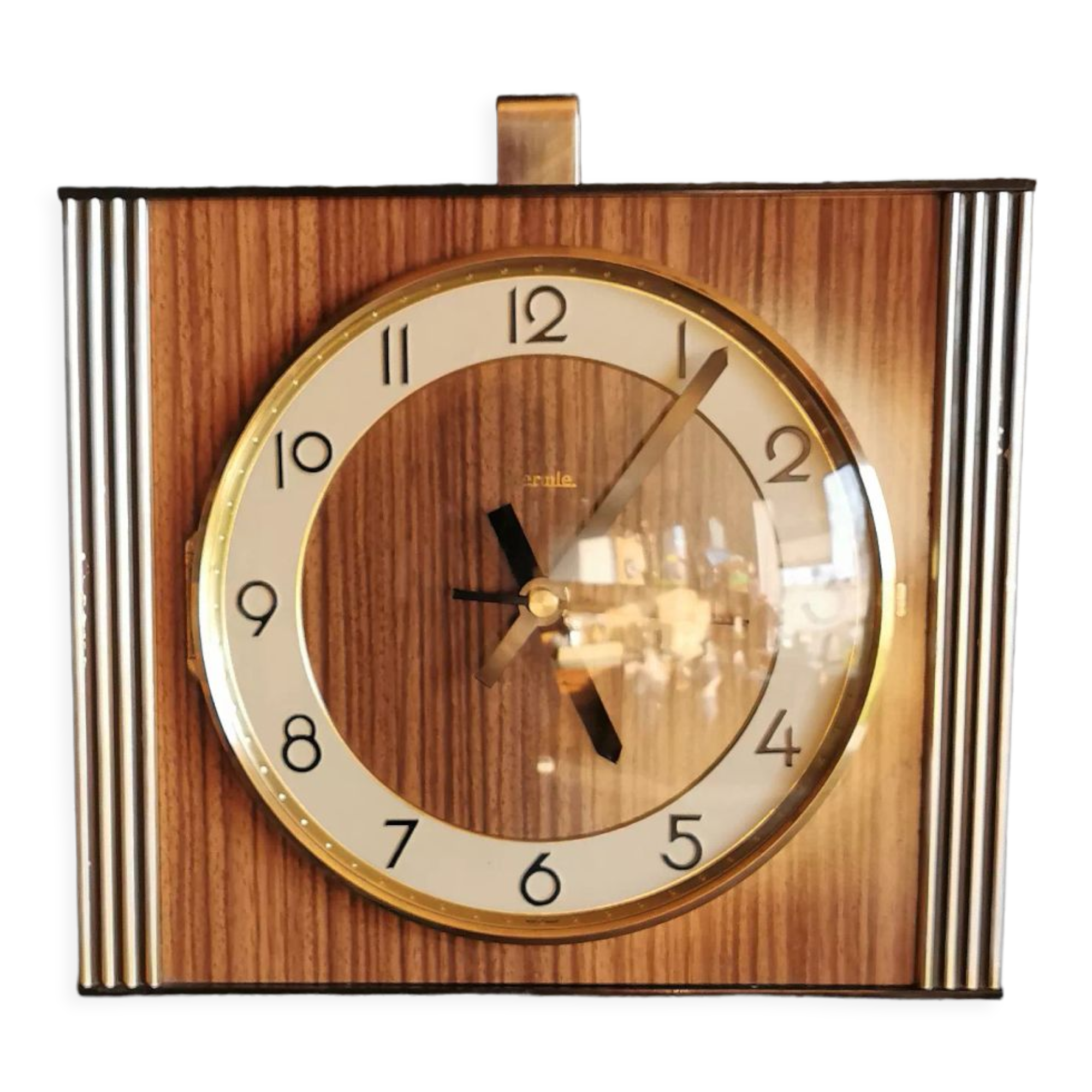 Vintage formica clock rectangular silent wall clock "Hermle gilded wood"