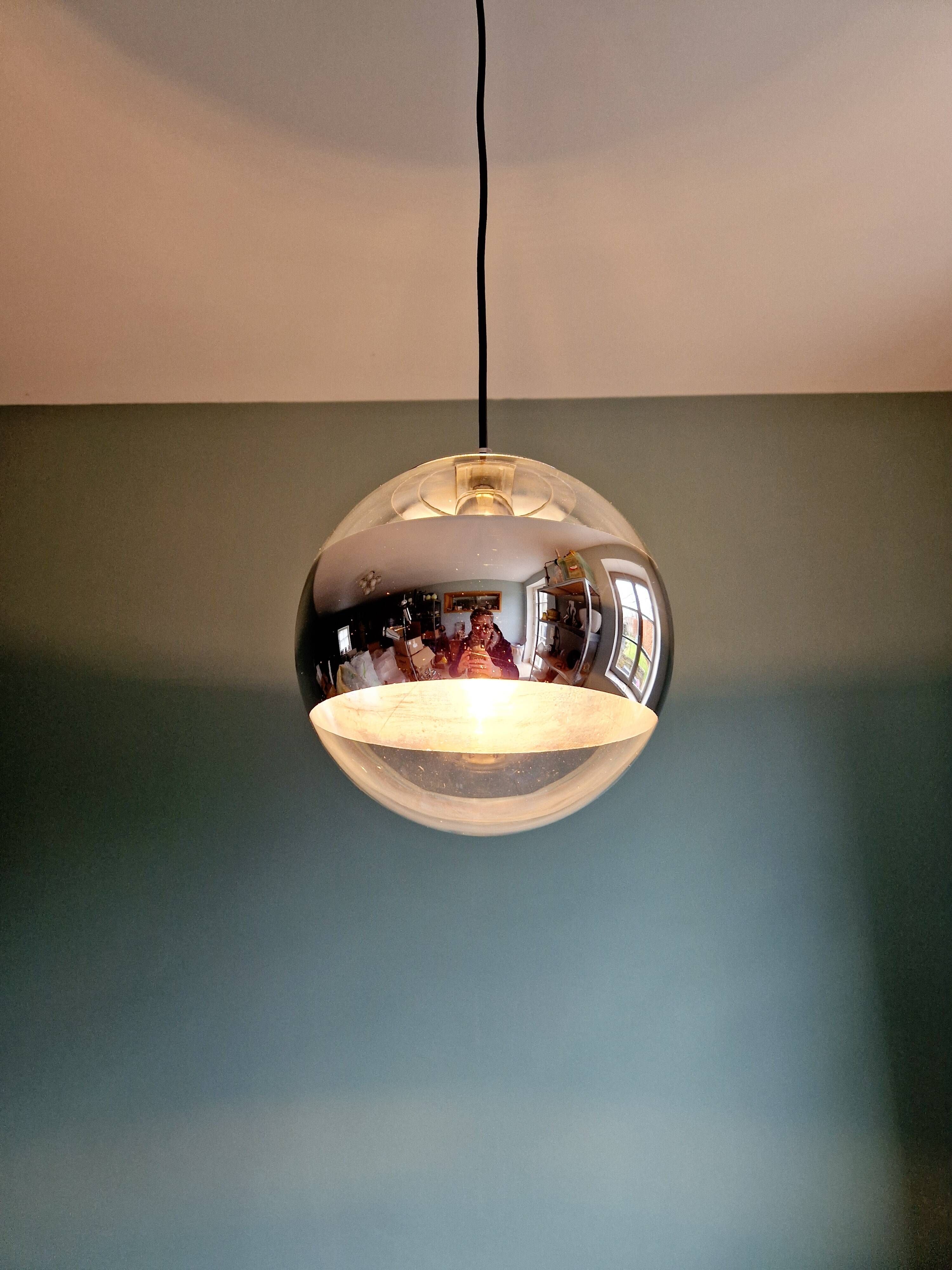 Space Age pendant light in clear glass and chrome, 70s